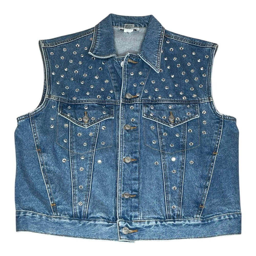 Vintage Bloomingdales Rhinestone Studded Denim Vest Medium Wash Blue Cotton M